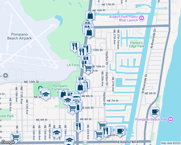 map of restaurants, bars, coffee shops, grocery stores, and more near 955 Northeast 23rd Terrace in Pompano Beach