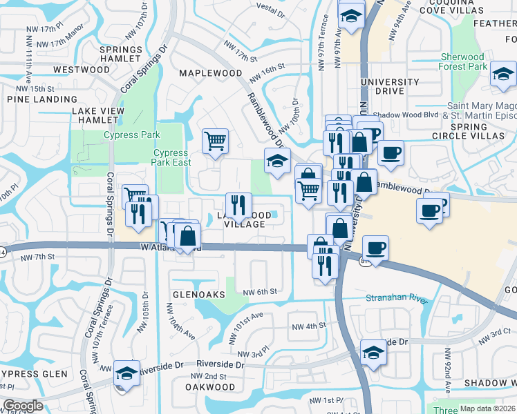 map of restaurants, bars, coffee shops, grocery stores, and more near 897 Twin Lakes Drive in Coral Springs
