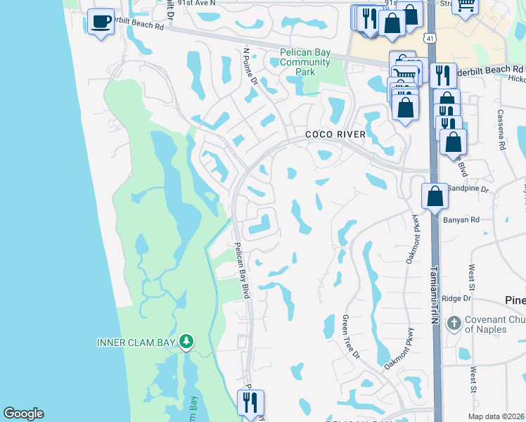 map of restaurants, bars, coffee shops, grocery stores, and more near 7687 Pebble Creek Circle in Naples