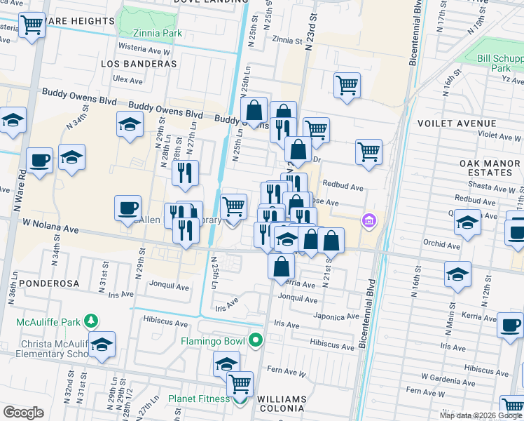 map of restaurants, bars, coffee shops, grocery stores, and more near 4101 North 24th Lane in McAllen