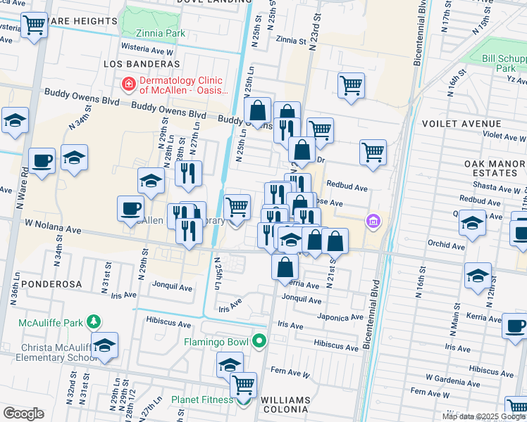 map of restaurants, bars, coffee shops, grocery stores, and more near 4101 North 24th Lane in McAllen