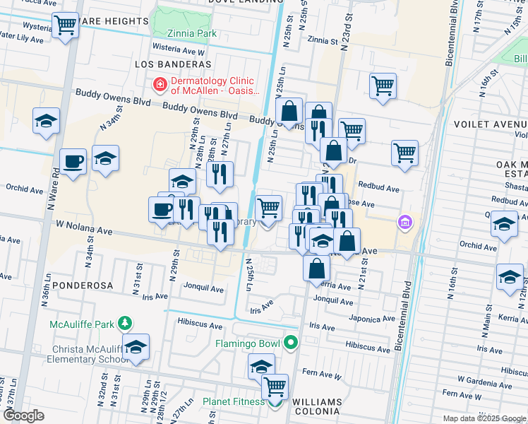 map of restaurants, bars, coffee shops, grocery stores, and more near 4001 North 23rd Street in McAllen