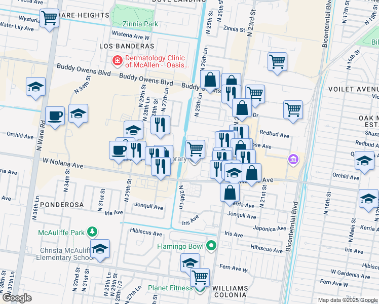 map of restaurants, bars, coffee shops, grocery stores, and more near 4001 North 23rd Street in McAllen