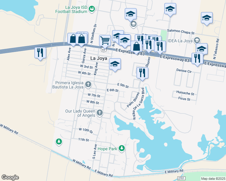map of restaurants, bars, coffee shops, grocery stores, and more near 611 Leo Avenue in La Joya