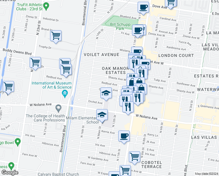 map of restaurants, bars, coffee shops, grocery stores, and more near 1308 Quamasia Avenue in McAllen