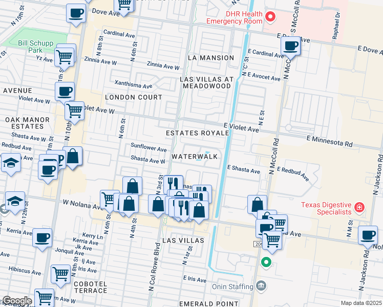 map of restaurants, bars, coffee shops, grocery stores, and more near 120 Sunflower Avenue in McAllen