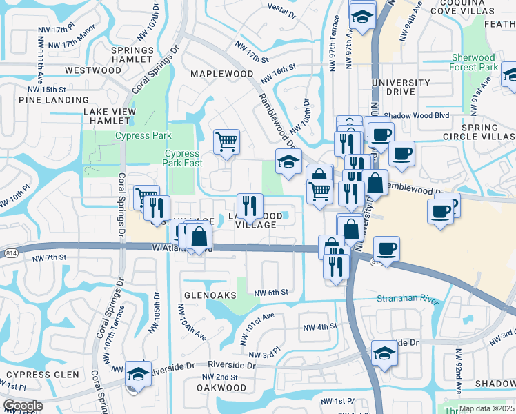 map of restaurants, bars, coffee shops, grocery stores, and more near 897 Twin Lakes Drive in Coral Springs