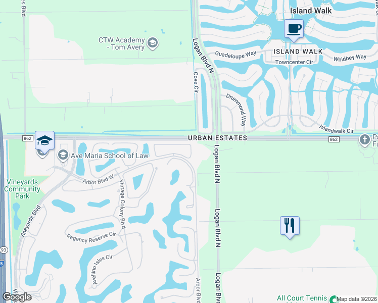 map of restaurants, bars, coffee shops, grocery stores, and more near 755 Vistana Circle in Naples