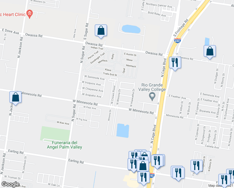 map of restaurants, bars, coffee shops, grocery stores, and more near 5401 North Winona Drive in Pharr