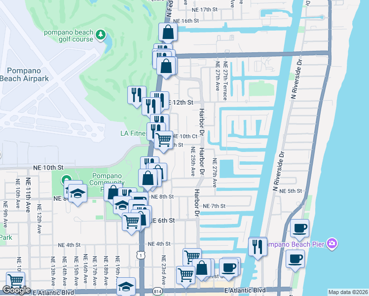map of restaurants, bars, coffee shops, grocery stores, and more near 949 Northeast 25th Avenue in Pompano Beach