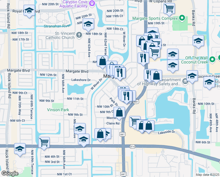 map of restaurants, bars, coffee shops, grocery stores, and more near 5850 Margate Boulevard in Margate