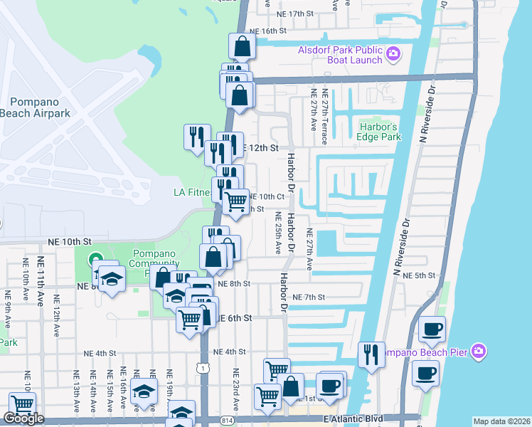 map of restaurants, bars, coffee shops, grocery stores, and more near 2400 Northeast 10th Street in Pompano Beach