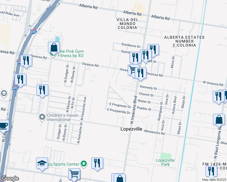 map of restaurants, bars, coffee shops, grocery stores, and more near 5706 North Nueva Esperanza Drive in Pharr