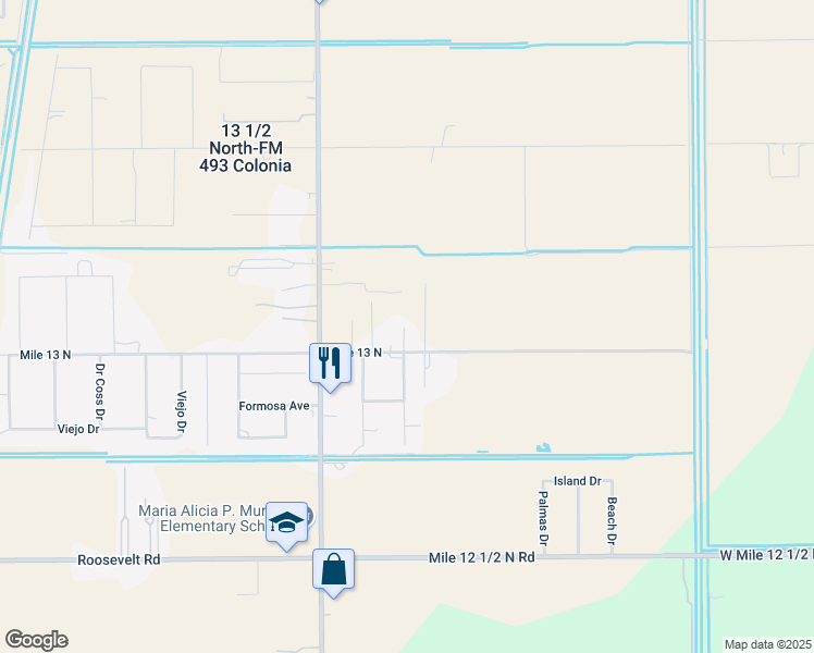 map of restaurants, bars, coffee shops, grocery stores, and more near 2309 East Mile 13 North in Donna