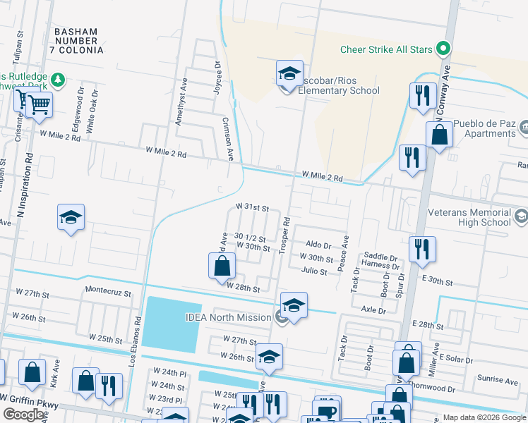 map of restaurants, bars, coffee shops, grocery stores, and more near 3017 Copper Avenue in Mission