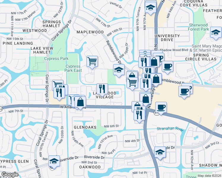 map of restaurants, bars, coffee shops, grocery stores, and more near 897 Twin Lakes Drive in Coral Springs