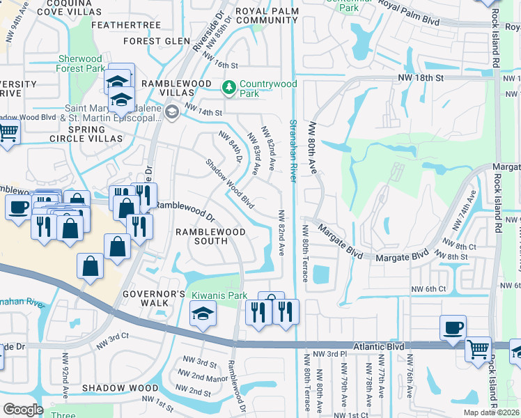 map of restaurants, bars, coffee shops, grocery stores, and more near 8296 Shadow Wood Boulevard in Coral Springs