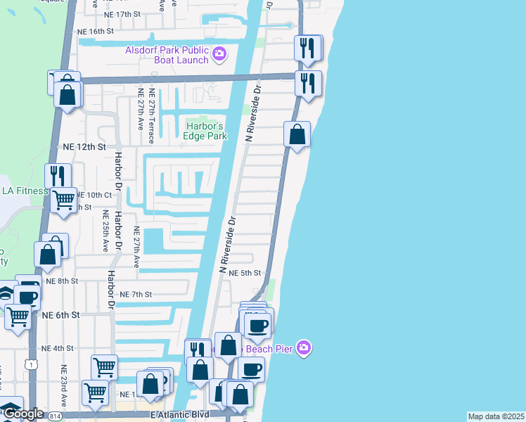 map of restaurants, bars, coffee shops, grocery stores, and more near 3212 Northeast 7th Street in Pompano Beach