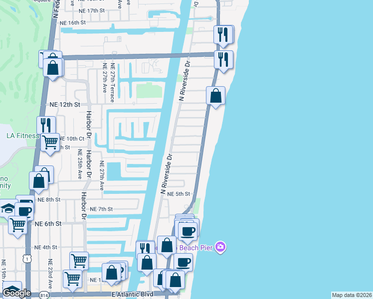 map of restaurants, bars, coffee shops, grocery stores, and more near 3212 Northeast 7th Street in Pompano Beach