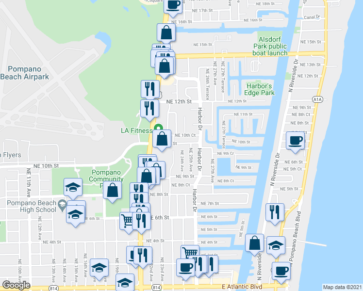 map of restaurants, bars, coffee shops, grocery stores, and more near 949 Northeast 25th Avenue in Pompano Beach