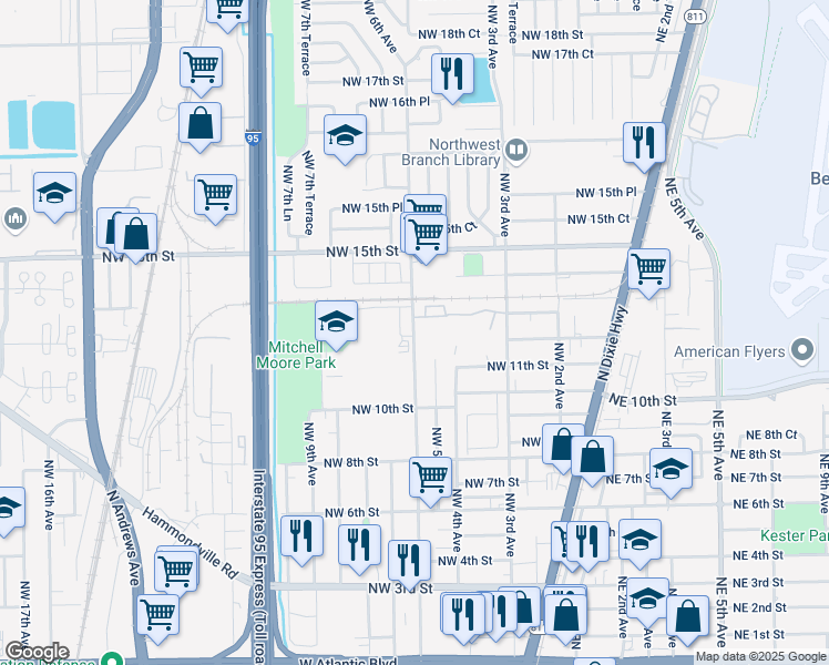 map of restaurants, bars, coffee shops, grocery stores, and more near 1121 Northwest 5th Avenue in Pompano Beach