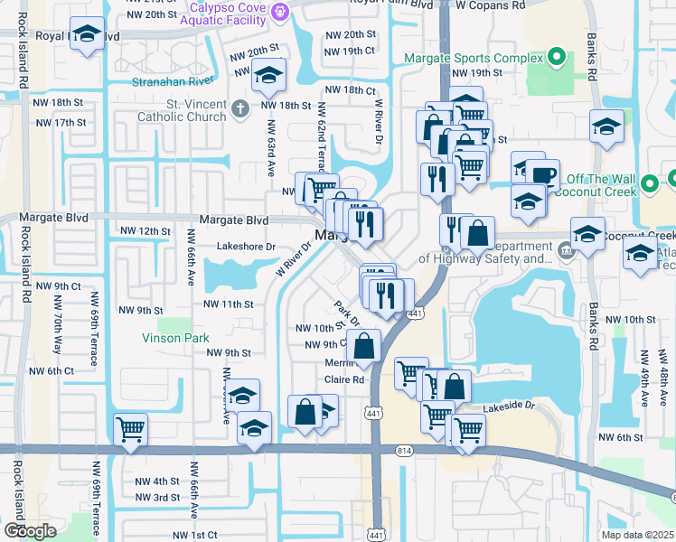 map of restaurants, bars, coffee shops, grocery stores, and more near 5850 Margate Boulevard in Margate