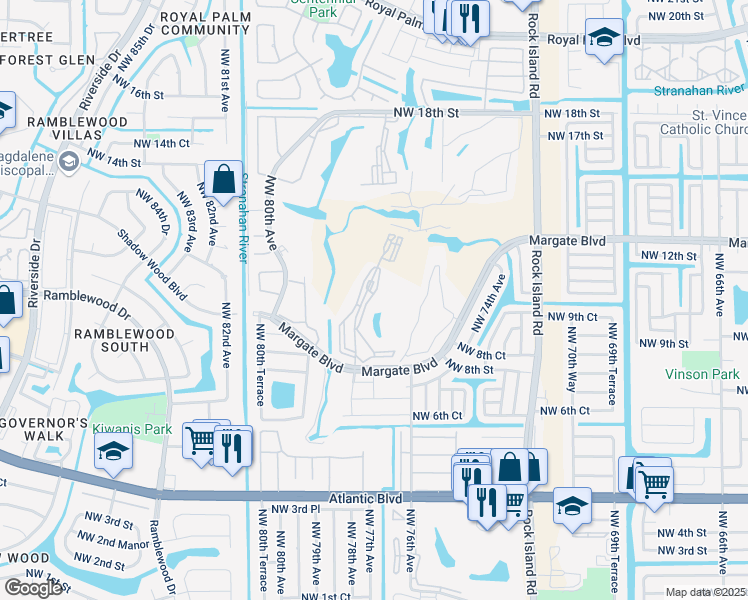 map of restaurants, bars, coffee shops, grocery stores, and more near 7877 Golf Circle Drive in Margate