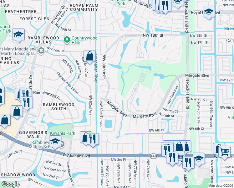 map of restaurants, bars, coffee shops, grocery stores, and more near 7895 Margate Boulevard in Margate