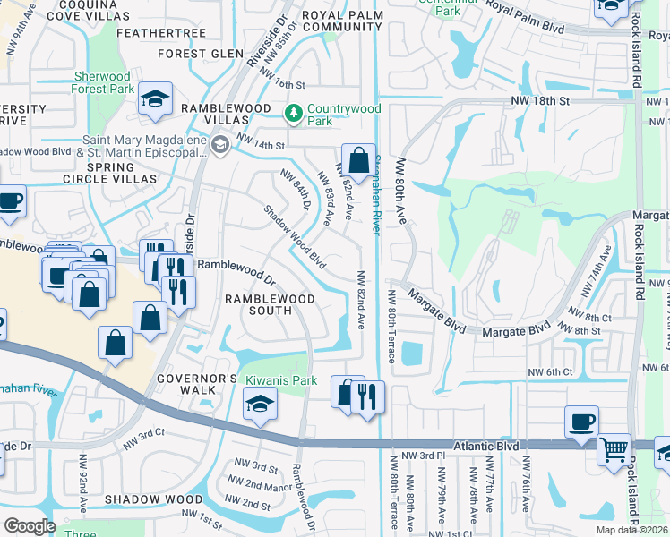 map of restaurants, bars, coffee shops, grocery stores, and more near 8296 Shadow Wood Boulevard in Coral Springs