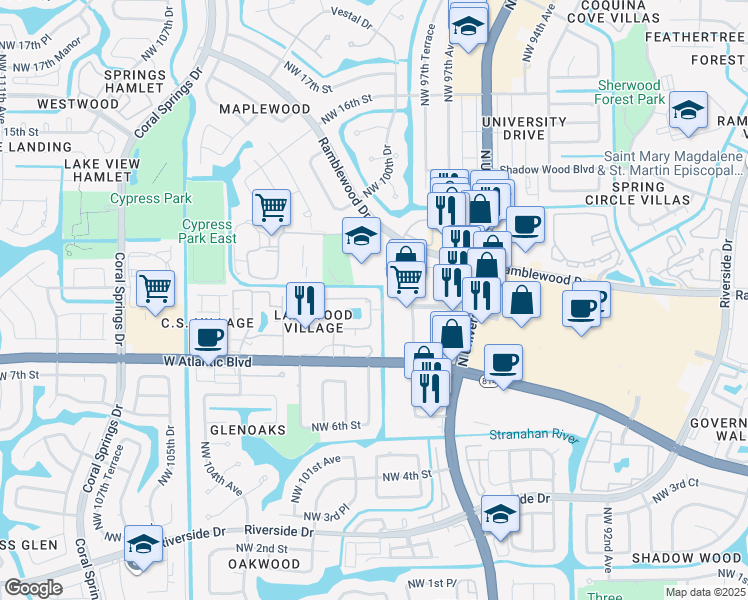 map of restaurants, bars, coffee shops, grocery stores, and more near 803 Twin Lakes Drive in Coral Springs