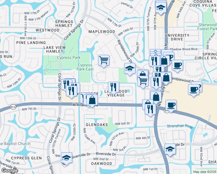 map of restaurants, bars, coffee shops, grocery stores, and more near 848 Twin Lakes Drive in Coral Springs
