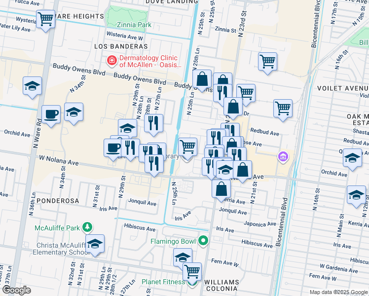 map of restaurants, bars, coffee shops, grocery stores, and more near 4001 North 23rd Street in McAllen