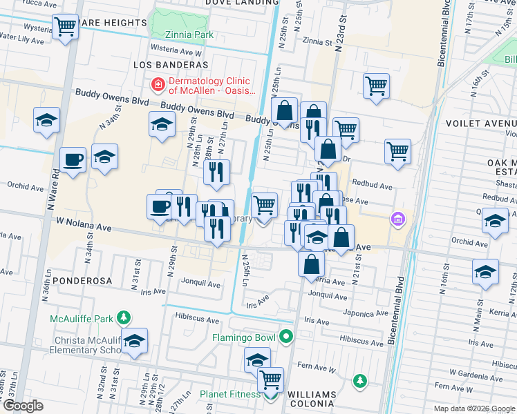 map of restaurants, bars, coffee shops, grocery stores, and more near 4001 North 23rd Street in McAllen
