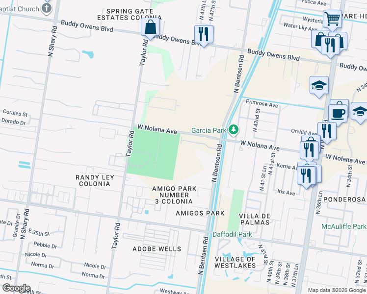 map of restaurants, bars, coffee shops, grocery stores, and more near 3801 North Bentsen Road in McAllen