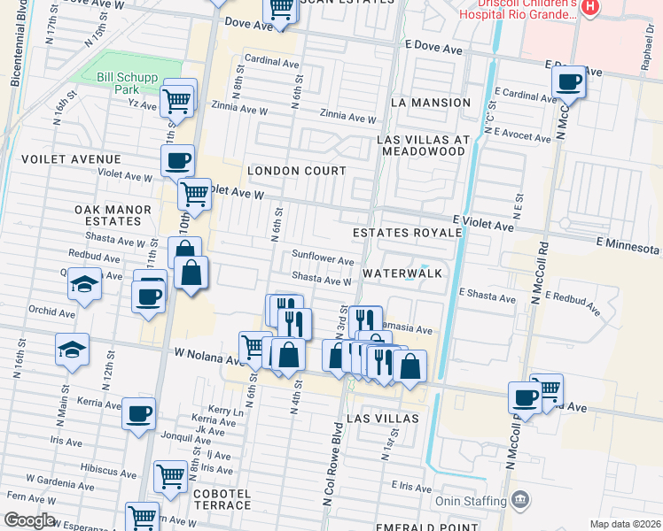 map of restaurants, bars, coffee shops, grocery stores, and more near 308 Shasta Avenue in McAllen