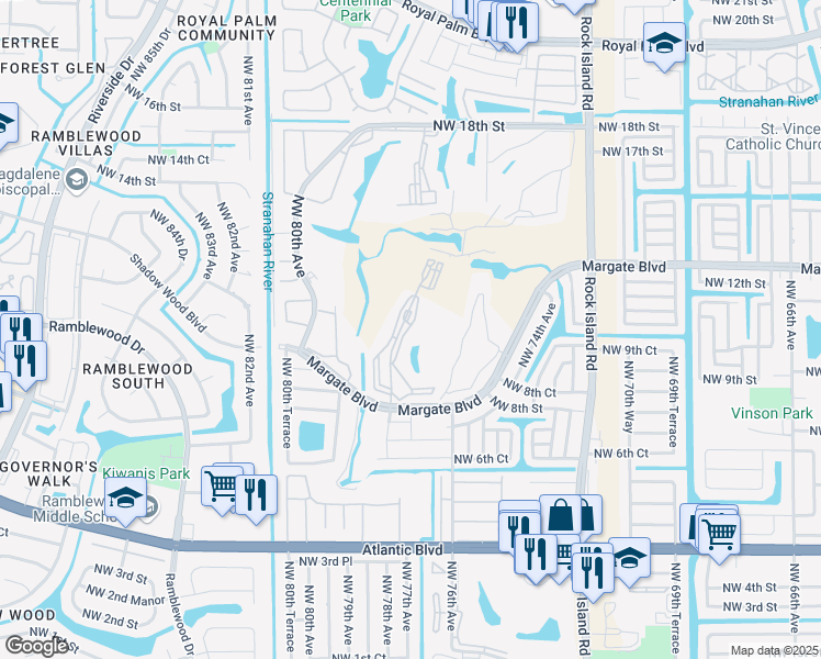 map of restaurants, bars, coffee shops, grocery stores, and more near 7877 Golf Circle Drive in Margate