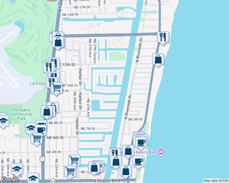 map of restaurants, bars, coffee shops, grocery stores, and more near 2740 Northeast 10th Street in Pompano Beach