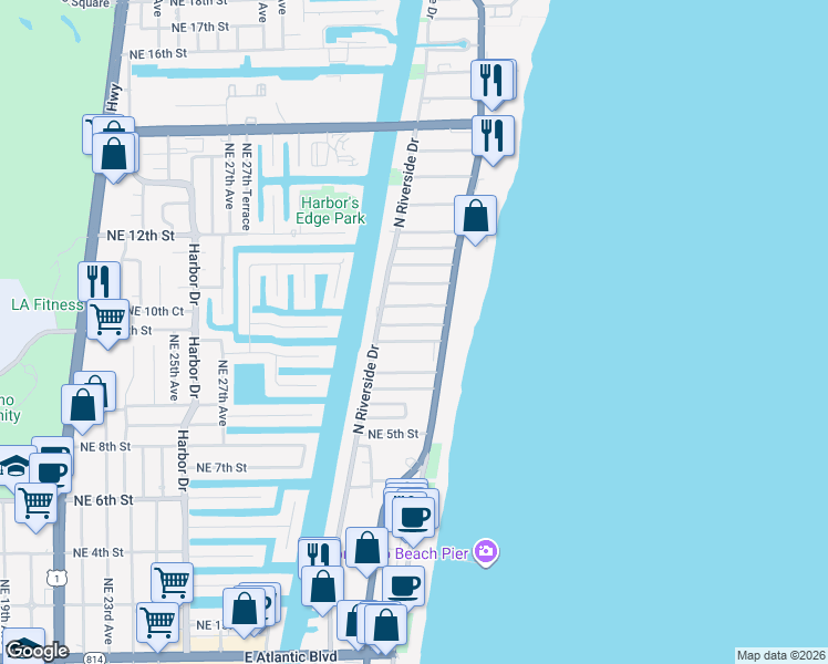 map of restaurants, bars, coffee shops, grocery stores, and more near 3212 Northeast 7th Street in Pompano Beach