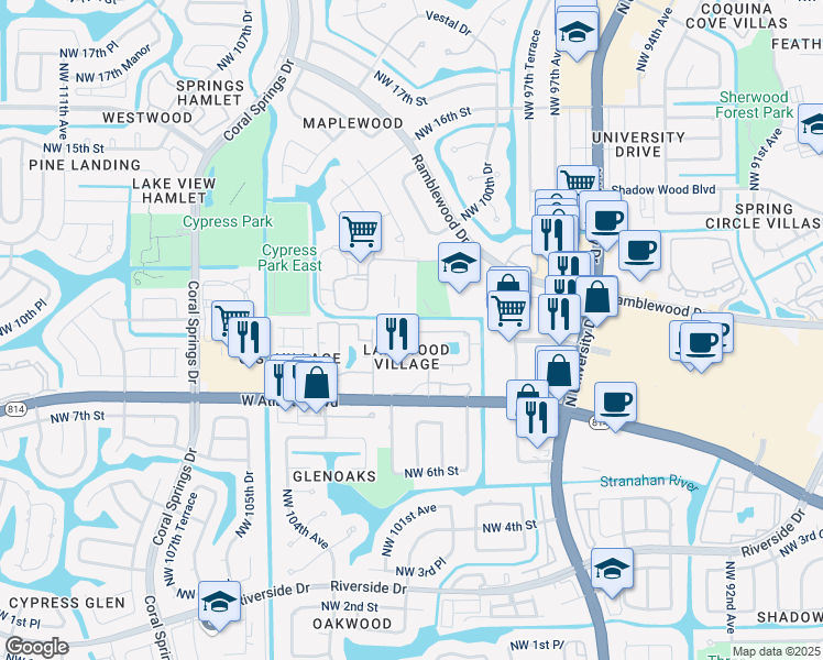 map of restaurants, bars, coffee shops, grocery stores, and more near 897 Twin Lakes Drive in Coral Springs