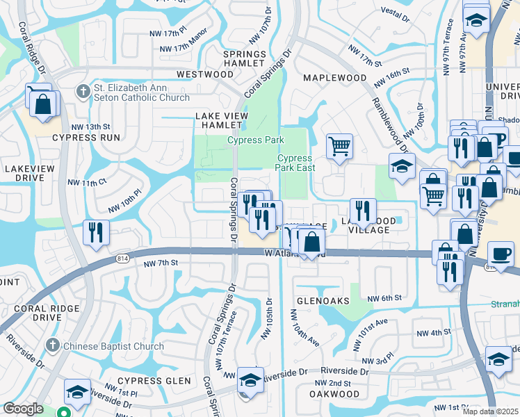 map of restaurants, bars, coffee shops, grocery stores, and more near 10065 West Atlantic Boulevard in Coral Springs