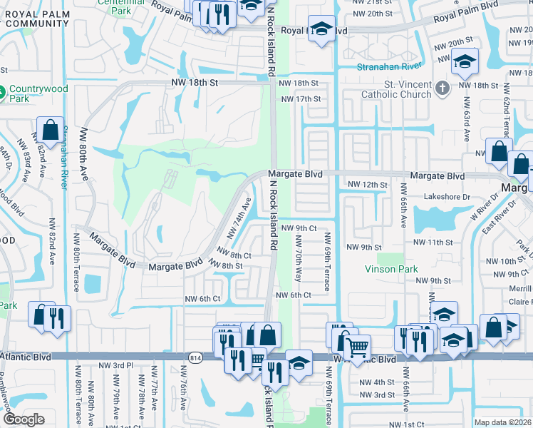 map of restaurants, bars, coffee shops, grocery stores, and more near 7175 Northwest 9th Court in Margate