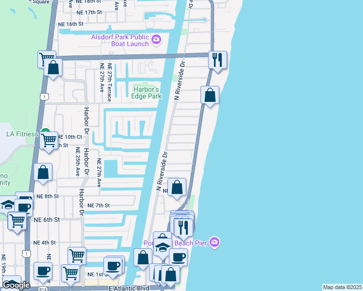 map of restaurants, bars, coffee shops, grocery stores, and more near 3212 Northeast 7th Place in Pompano Beach