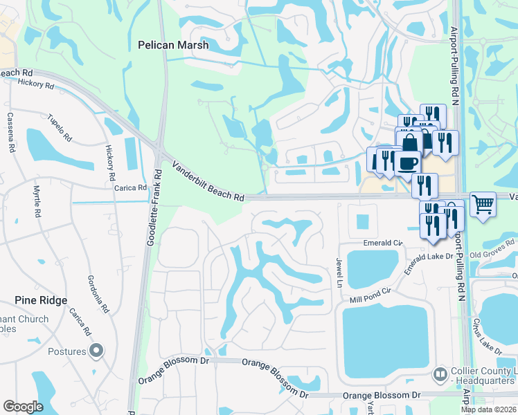 map of restaurants, bars, coffee shops, grocery stores, and more near 8128 La Palmas Way in Naples