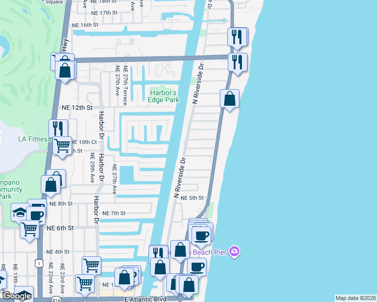 map of restaurants, bars, coffee shops, grocery stores, and more near 3212 Northeast 7th Street in Pompano Beach