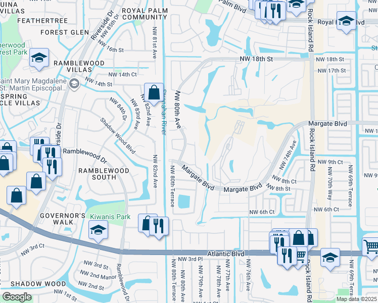 map of restaurants, bars, coffee shops, grocery stores, and more near 7975 Margate Boulevard in Margate