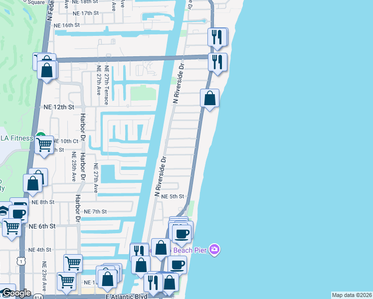 map of restaurants, bars, coffee shops, grocery stores, and more near 614 North Ocean Boulevard in Pompano Beach