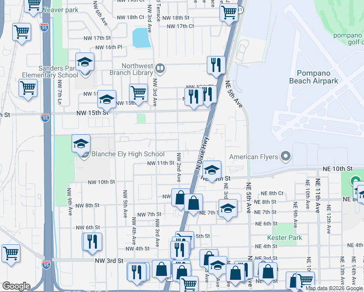 map of restaurants, bars, coffee shops, grocery stores, and more near 116 Northwest 12th Street in Pompano Beach