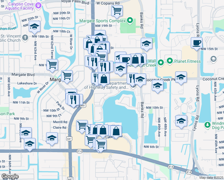 map of restaurants, bars, coffee shops, grocery stores, and more near 5780 Lakeside Drive in Margate