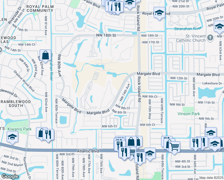 map of restaurants, bars, coffee shops, grocery stores, and more near 7837 Golf Circle Drive in Margate