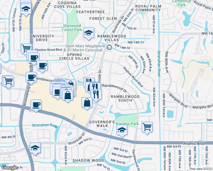 map of restaurants, bars, coffee shops, grocery stores, and more near 977 Riverside Drive in Coral Springs